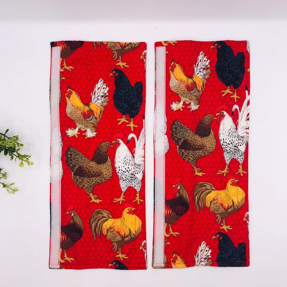 Set of 2 Refrigerator Handle Covers, Reversible, Chickens on Red  14x5